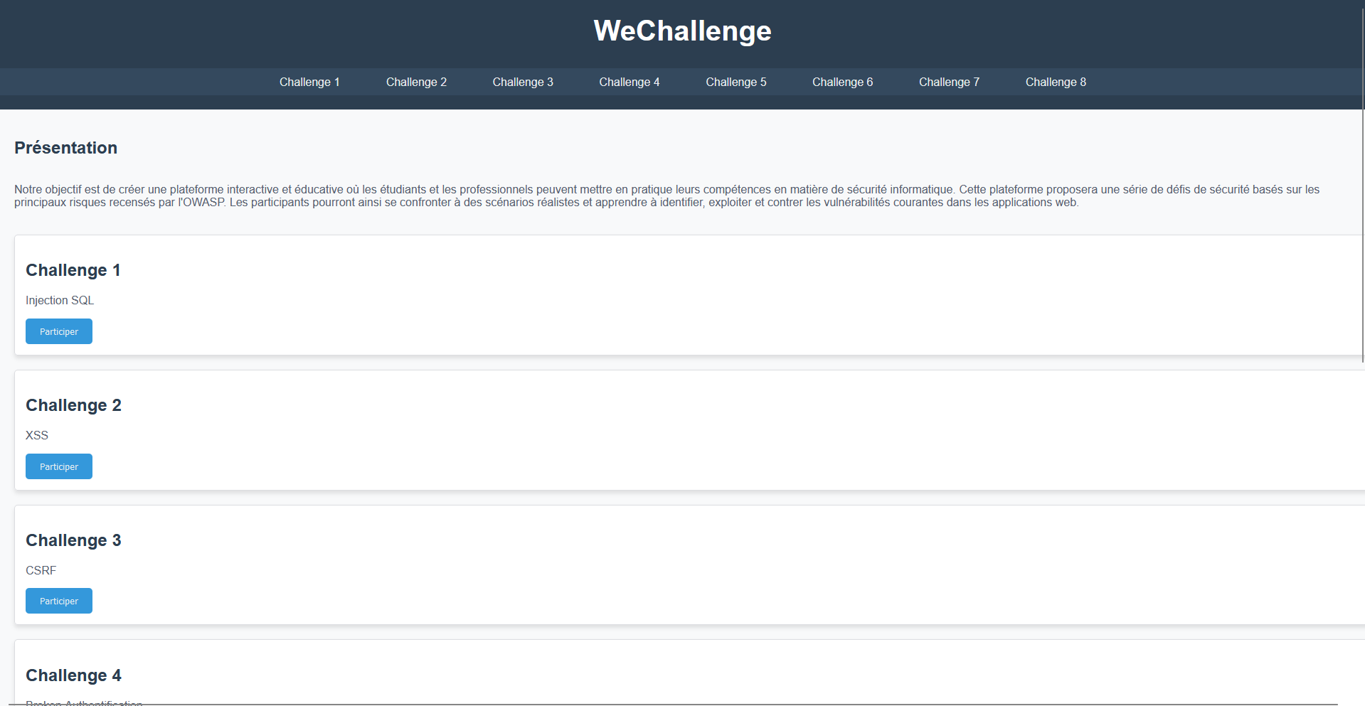 Aperçu de la plateforme Owasp-Challenge